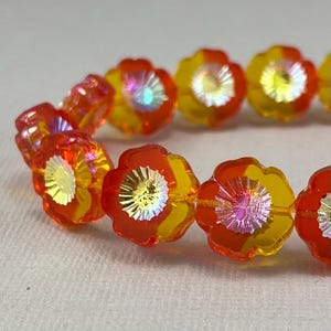 Delicate Transparent Bright Yellow & Orange Czech hibiscus glass flower beads, aurora borealis, table cut - 14mm - 6 pcs - FB1856-b350