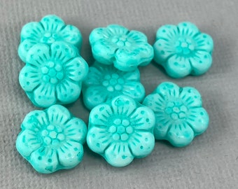 Mint Green Czech glass wild rose flower beads, matte finish, boho flower beads - 14mm - 6 or 12 pcs - FB1395-b137