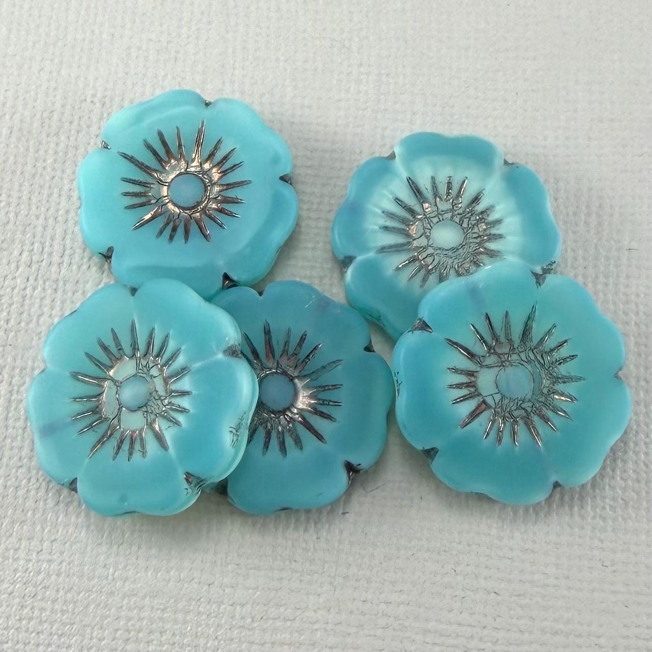 Large, Opal Green Czech Glass Hibiscus Flower Beads, Silky Opaline