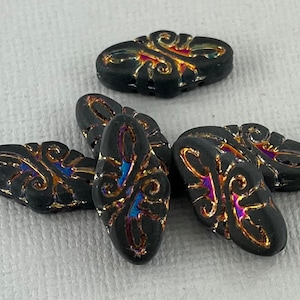 Matte Charcoal Black Czech glass Fancy Arabesque pressed oval shaped beads, rainbow iris - 19mm x 9mm - 6 or 12 pcs - MG171-b458