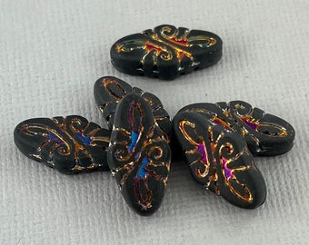 Matte Charcoal Black Czech glass Fancy Arabesque pressed oval shaped beads, rainbow iris - 19mm x 9mm - 6 or 12 pcs - MG171-b458