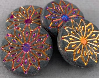 Matte Charcoal Gray Czech glass mandala flower coin beads, metallic gold & rainbow wash, origami flower - 18mm - 2 or 4 pcs - FB095-b470