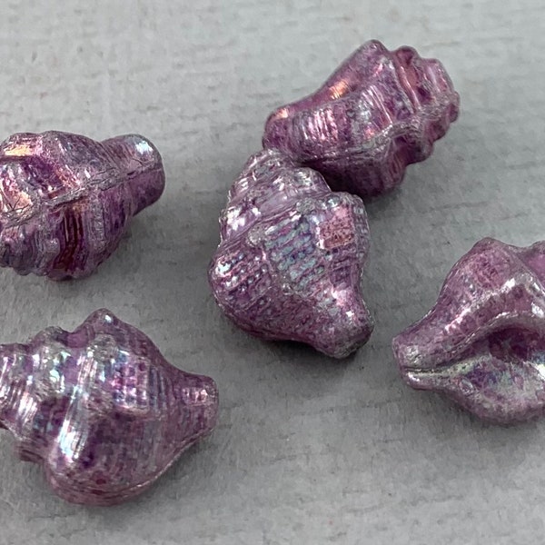 Purple Conch, Seashell Czech glass beads, pressed, rainbow aurora borealis, snail, shell - 15mm x 12mm - 6 pcs  - AB580-b22