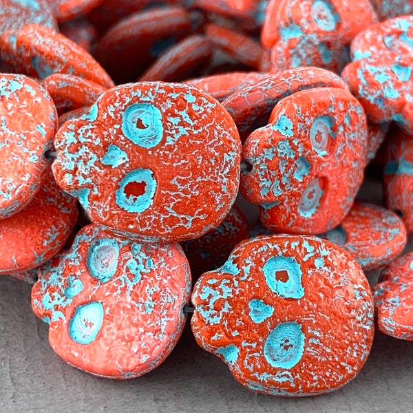 Bright Coral Red Czech glass sugar skull beads, aqua blue, Day of the Dead, Dia de los Muertos, Halloween - 4pcs - 18mm x 16mm - MG447-b59