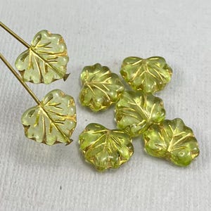 Blass Olivgrüne böhmische Glasahornblatt-Perlen, gepresste Perlen, transparent, Goldwäsche - 13 mm x 11 mm - 10 oder 20 Stück - FB1582-B162