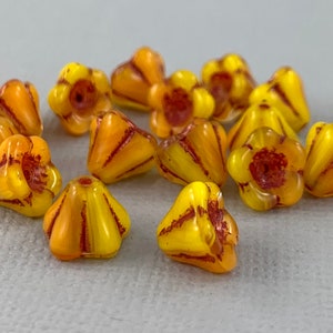 Bright Yellow and Peach Orange Czech glass five petal bell flower beads, dark red wash finish - 25 pcs - 8mm - FB1161-b006