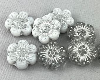 Crystal Clear or White Czech glass wild rose flower beads, metallic silver wash - 14mm - 6 or 12 pcs - FB1169-b199