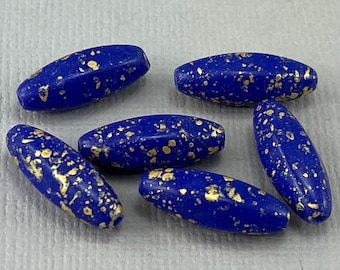 Blue Czech glass oval tube beads, hexagon, peeled olive, gold speckled - 19mm x 7mm - 6 or 12 pcs - GEO313-b093