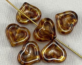 Clear Czech glass heart beads, brown picasso - 6 or 12 pcs - 12mm x 14mm - MG1001-b095