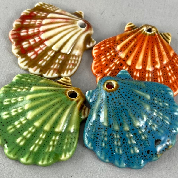 New COLORS! Large Ceramic Shell pendant, clam, Blue, Green, top drilled, focal, flat back, beach pendant, ocean - 1 pc - 30mm - MG055-A10