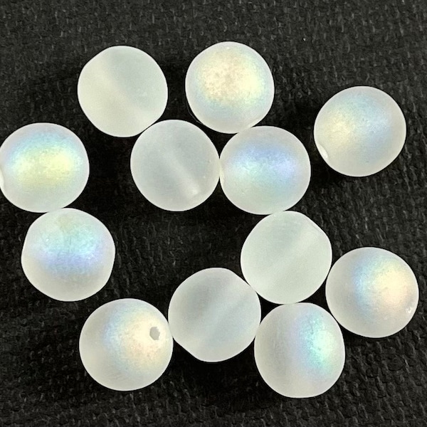 Matte, Frosted transparent crystal clear Czech glass pressed beads, aurora borealis finish - 8mm - 12 pcs - RD258-b268