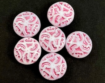 Lentil beads, Milky White Czech glass, pink scroll, pink wash - 14mm - 6 pcs - MG024-b208