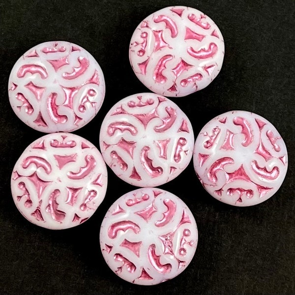 Lentil beads, Milky White Czech glass, metallic pink scroll, swirl, puffy coin, pink wash - 14mm - 6 pcs - MG024-b208