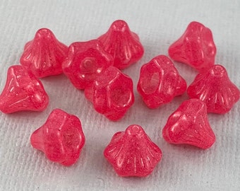 Ruby Pink trumpet flower beads, gummy pink beads, transparent glass - 9mm - 12 or 24 pcs - FB1337-b150