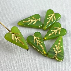 Heart shaped leaf beads, Czech glass, opaline green, gold wash, milky opal green beads  - 16mm x 11mm - 6, 12 or 24 pcs - LF095-b147