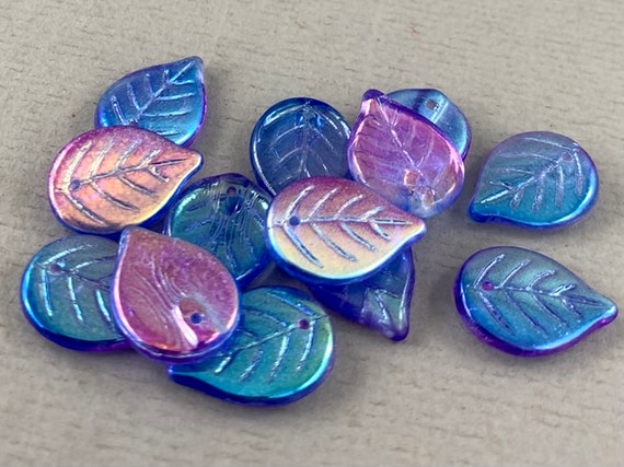 Blue Czech glass apple leaf beads, aurora borealis mix - 18mm x 13mm - 12 pcs - FB1000-b093