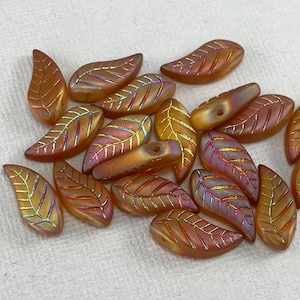 Matte Smoke Topaz engraved leaf glass beads, aurora borealis rainbow finish, iridescent, top drilled - 18mm x 8mm - 10 pcs - FB334-b421