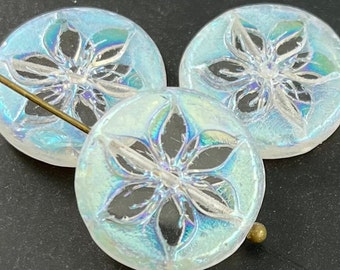 Czech glass flower coin beads crystal clear, rainbow aurora borealis finish, pressed, table cut poinsettia - 18mm - 2 or 4 pcs - FB2075-b377