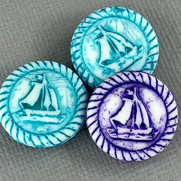 Sailboat Medallion Czech glass beads, white coin, focal, rustic, beach, nautical, boat, yacht, blue, purple - 20mm - 2 or 4 pcs - MG178-b189