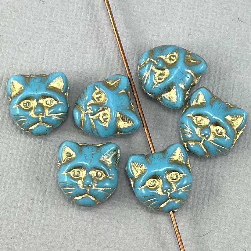 Cat beads, pressed, Turquoise blue Czech glass, animal beads, gold wash, kitten beads, pet, animal, feline - 13mm - 6 or 12 pcs - AB665-b032
