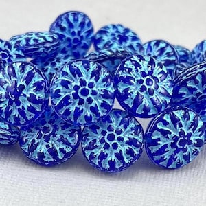 Royal blue dahlia Czech glass flower beads, powder blue wash, aster, daisy, sunflower, cornflower blue - 15mm - 6 pcs - FB278-b254