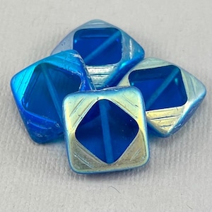 Large, Transparent Dark Aqua Blue square beads, Czech glass pressed, table cut, aurora borealis, window glass - 15 mm - 4 pcs - GEO365-b274