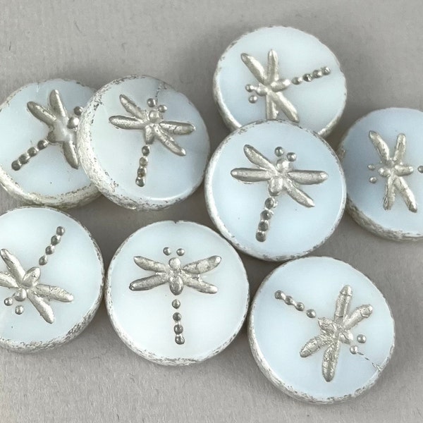 Dragonfly Coin beads, Rustic, milky white Czech glass, silver metallic wash, insect nature beads, table cut - 17mm - 4 pcs - AB598-b057