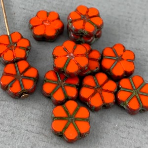 Helles Orange Vergissmeinnicht Tschechische Hibiskus Glasblüten Perlen, rustikales Picasso Finish, Gänseblümchen, Tafelschliff - 10 mm - 12 Stück - FB1127-B233