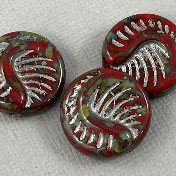 Red Fossil Czech coin beads, metallic silver wash detail, picasso, focal beads - 19mm - 2 or 4 pcs - AB631-b101