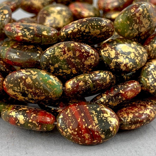 Multicolor Czech glass oval shaped beads, jasper stone look, gilded speckled, green red gold olive - 16mm x 11mm - 6 pcs - GEO151-b276