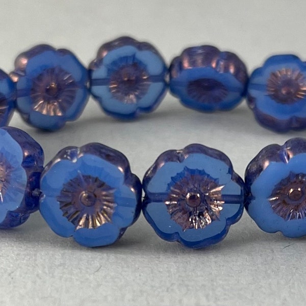 Opal Royal Blue Czech hibiscus moonglass flower beads, purple bronze luster finish, table cut - 12mm - 6 or 12 pcs - FB1446-b149