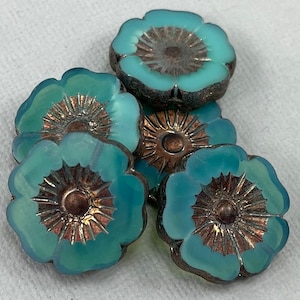 Large, Opal Green tinted Czech glass table cut hibiscus flower beads, bronze lister starburst, pendant - 22mm - 1 pc - FB855-b334