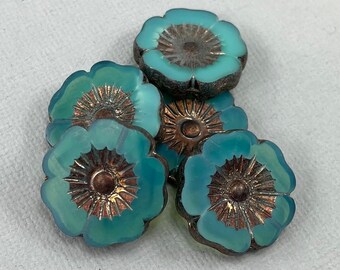 Large, Opal Green tinted Czech glass table cut hibiscus flower beads, bronze lister starburst, pendant - 22mm - 1 pc - FB855-b334