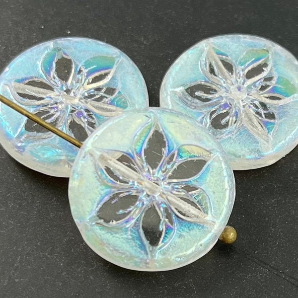 Czech glass flower coin beads crystal clear, rainbow aurora borealis finish, pressed, table cut poinsettia - 18mm - 2 or 4 pcs - FB2075-b289