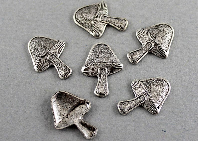 6 pcs Antique Silver plated mushroom stampings 13mm x 17mm nature STM104 woodsy embellishment