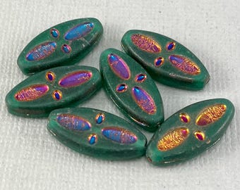 Matte, Hunter Green Czech glass oval beads, iris detail - 20mm x 9mm - 6 or 12 pcs - GEO341-b046