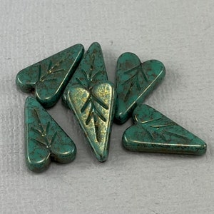 Heart shaped leaf beads, Czech glass, opaque sage green, gold luster  - 16mm x 11mm - 6 or 12 pcs - FB1621-b282