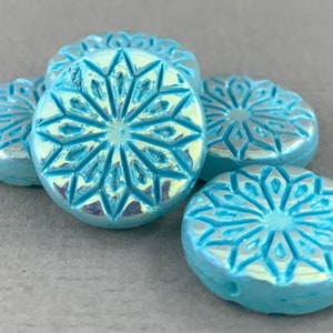 Luster finish Blue Czech glass mandala flower coin beads, aqua blue wash, origami flowr beads, aurora borealis - 18mm - 4 pcs - FB068-b003
