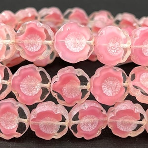 Delicate Transparent Crystal Clear and Pink Czech hibiscus glass flower beads, frosted finish, table cut - 14mm - 6 or 12 pcs - FB1411-b087