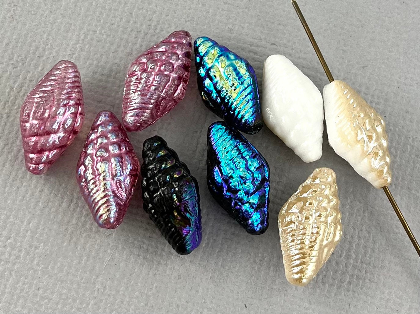 Miter Shell Beads, Seashell Czech Glass Beads, Pressed, Aurora Borealis ...