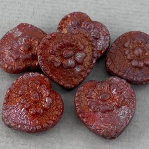 Rustic Red pressed Czech glass heart beads, copper rust, puffy heart, flower, daisy - 18mm - 4 pcs - MG141-b013