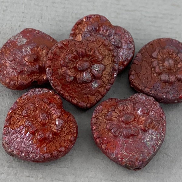 Rustic Red pressed Czech glass heart beads, copper rust, puffy heart, flower, daisy - 18mm - 4 pcs - MG141-b13