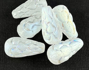 Frosted Clear Czech glass pine cone drop beads, Aurora Borealis - 4 pcs - 25mm x 12mm - MG1288-b409