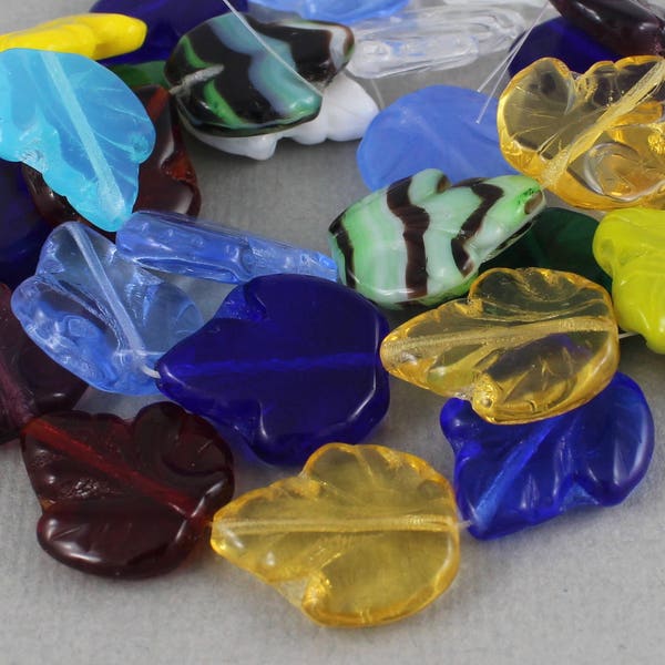 Extra large,multicolor mix of Czech glass maple leaf beads, blue, red, green, topaz, purple, yellow - 20mm x 18mm - 9 pcs - FB265-d86