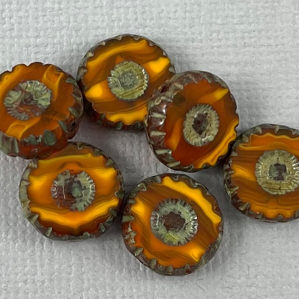 Variegated Orange daisy Czech glass flower beads,  stone gray picasso table cut, sunflower - 12mm - 6 or 12 pcs - FB2126-b332