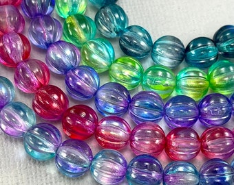 Transparent pink, blue, green, teal melon beads, fluted pressed Czech glass, grooved beads aurora borealis - 8mm - 15 pcs - RD234-b409