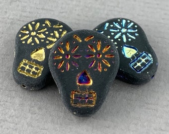 Matte Black glass sugar skull beads metallic wash, Day of the Dead, Dia de los Muertos, Halloween - 2 or 4 pcs - 19mm x 16mm - MG066-b217