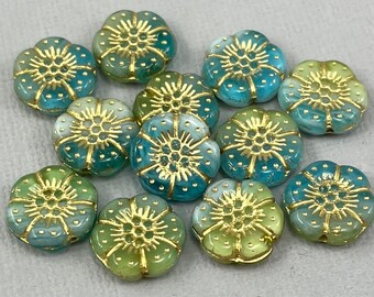 Variegated green, aqua blue & white Czech glass wild daisy flower beads, gold wash detail - 13mm - 6 or 12 pcs - FB1424-b223