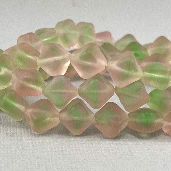 Pink Lemonade and vaseline Green transparent glass pressed cube beads, matte finish, diamond - 9mm x 7mm - 10 pcs - FB075-b278