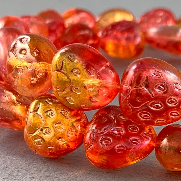 Candy Orange pressed Czech glass strawberry beads , Aurora borealis, puffy fruit, berry, food beads - 15mm x 13mm - 6pcs - MG698-b290